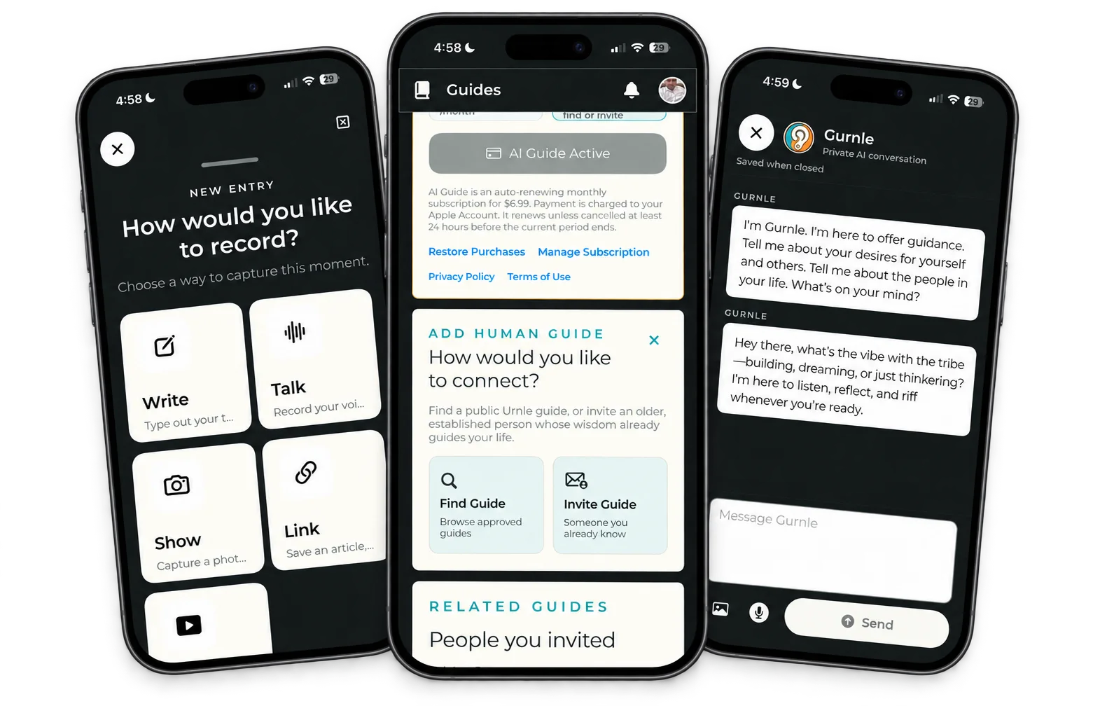 Urnle mobile screens for recording a new entry, connecting with a guide, and talking privately with Gurnle